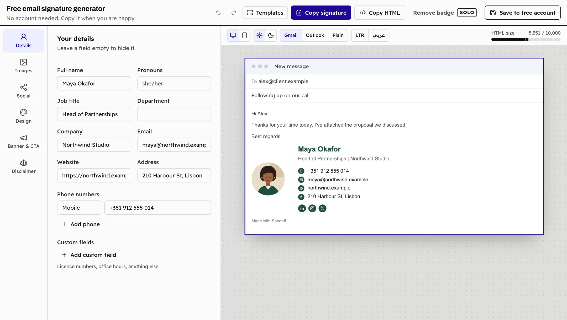 The Sendoff generator: the details form on one side and a live Gmail preview of the signature on the other.